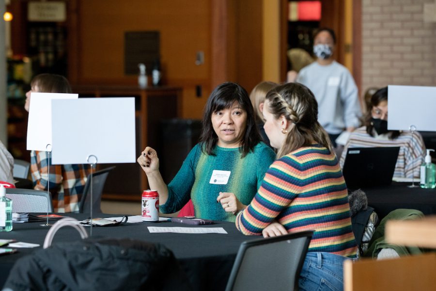 Student talking with professional at a Career Connector